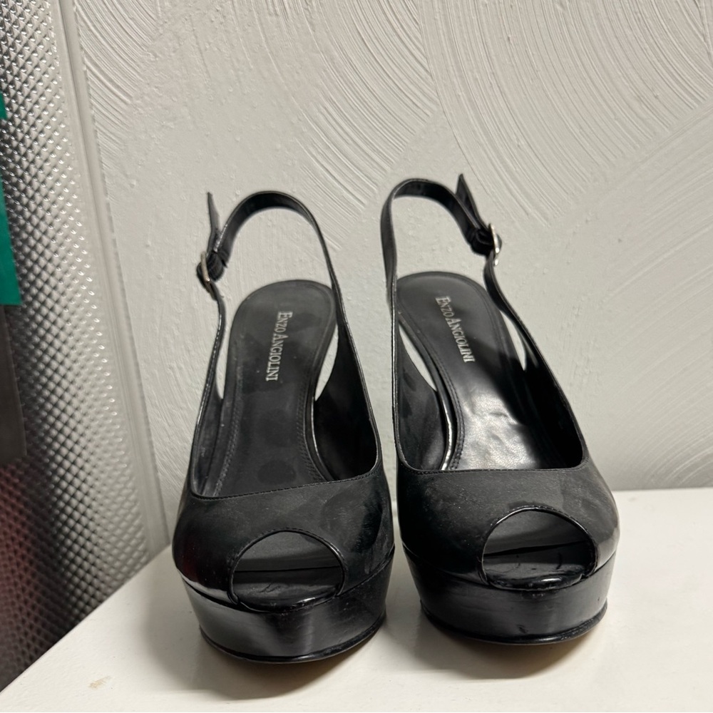 Ladies, black ankle strap peep toe Enzo Angelini stiletto platform heels.